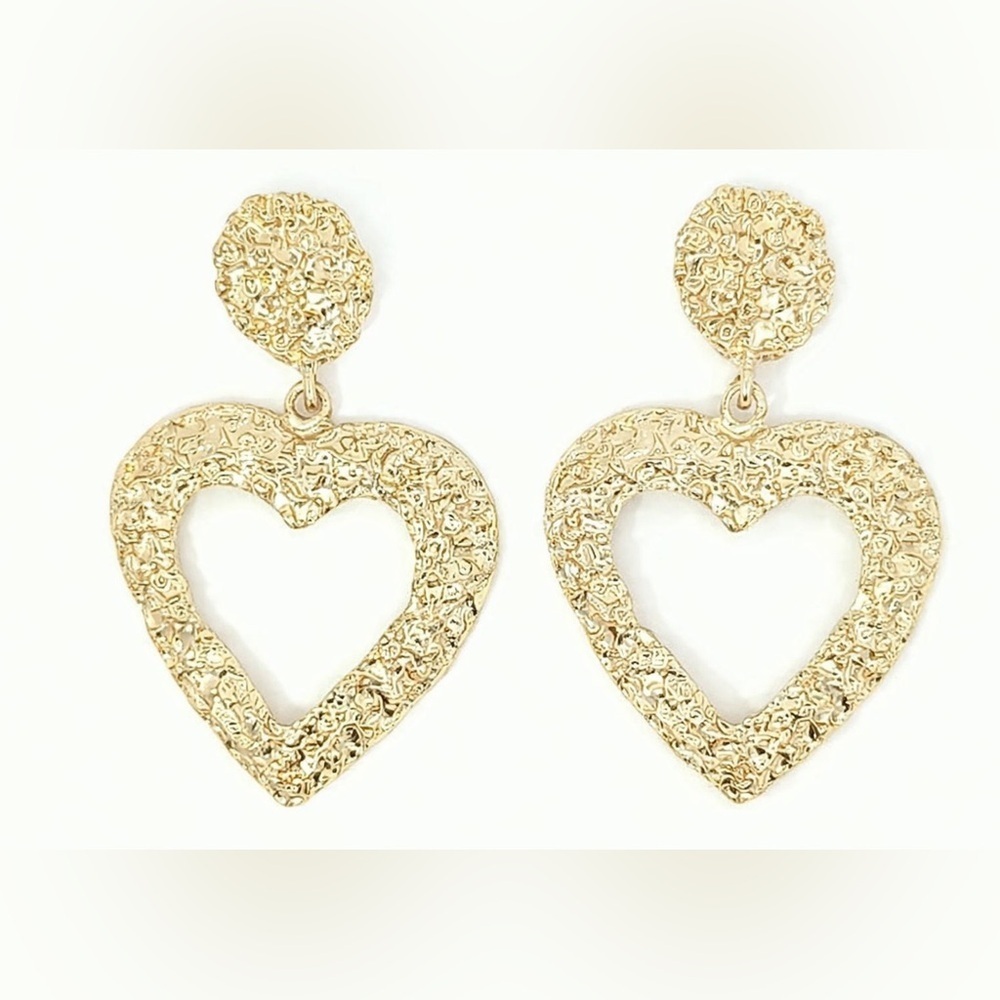 Tuckernuck Vintage Textured Gold Heart Drop Earrings • Statement Dangle